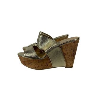 Nine West Gold Leather Wedge Sandal size 8 1/2 M